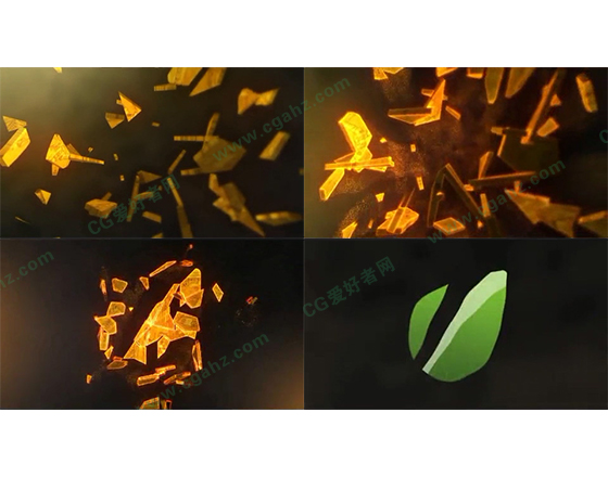 金色碎石汇聚成绿色的logo演绎AE模