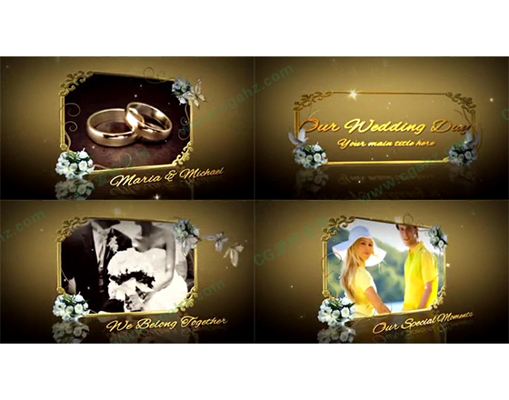 浪漫花朵邊框中的婚禮影像展示AE模板
