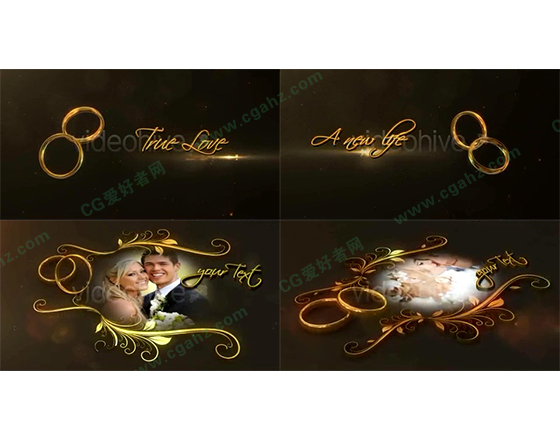 金色婚戒和花紋邊框中的相片展示AE模板