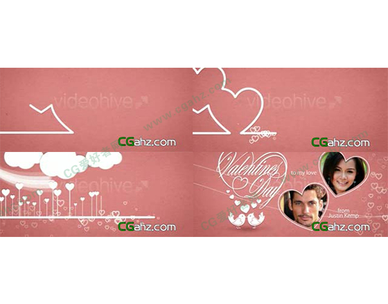 粉色卡通情人節視頻賀卡片頭AE模板