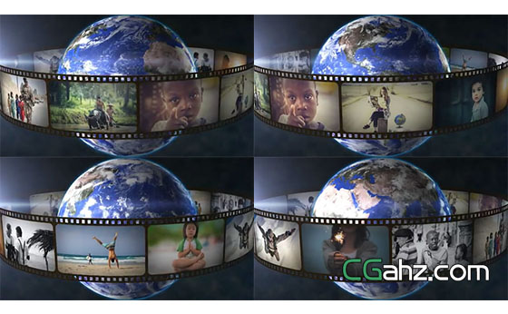 电影胶片绕着地球360度循环旋转的AE模板
