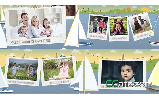 卡通帆船连线悬挂着的家庭旅行照片展AE模板