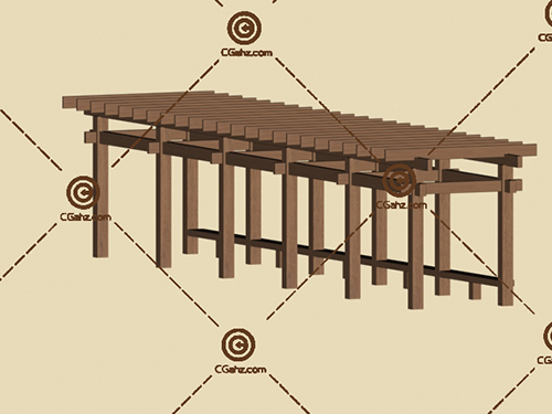 木制带坐凳的景观廊架3D模型下载
