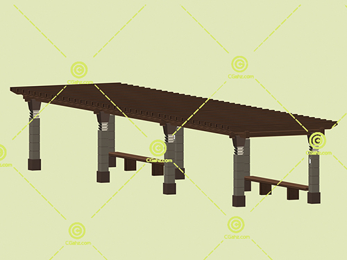 带有木制坐凳的景观廊架3D模型下载