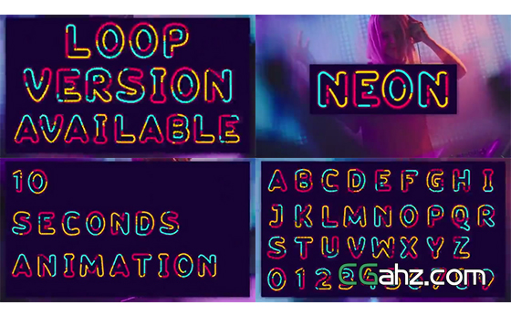 彩色霓虹燈特效的英文字母+數字AE模板
