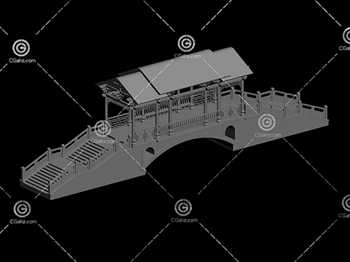带有亭子的景区拱桥3D模型下载