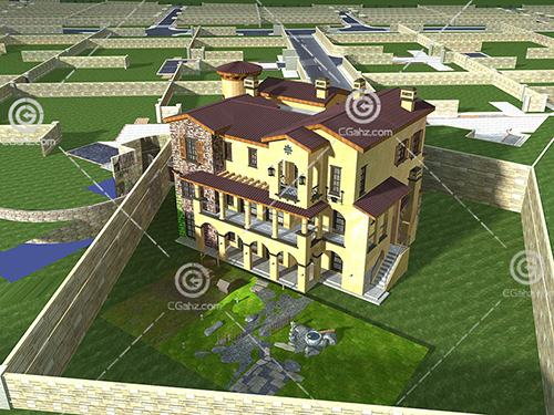 带有围墙的别墅3D模型下载