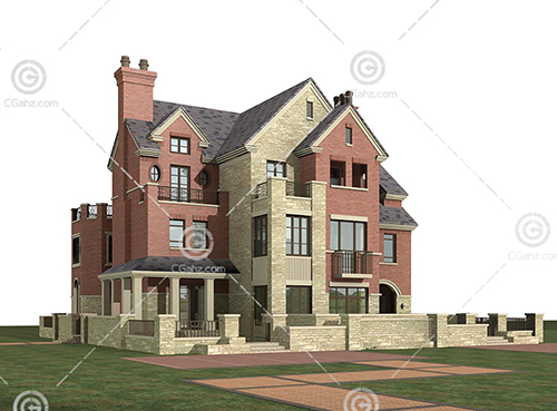 带围墙的独栋别墅3D模型下载