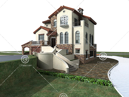 河边的欧式别墅3D模型下载