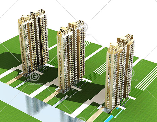 3栋河边的高层住宅3D模型下载