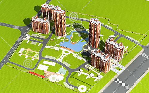 带有小河的高层住宅小区3D模型下载
