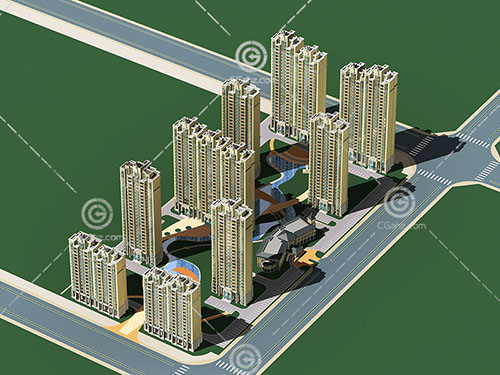 带有小河的现代高层住宅小区模型下载