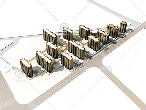 现代简单的高层住宅小区3D模型下载