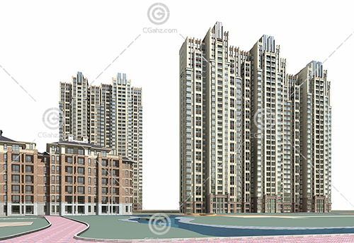 法式高層多層組合住宅小區3D模型下載