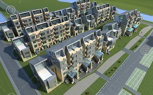 現代簡單的橫排多層住宅3D模型下載